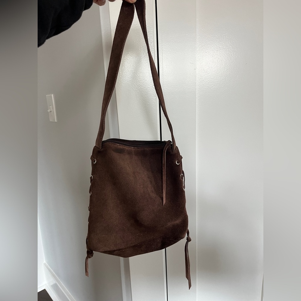 Brown Suede Lace-Up Shoulder Bag